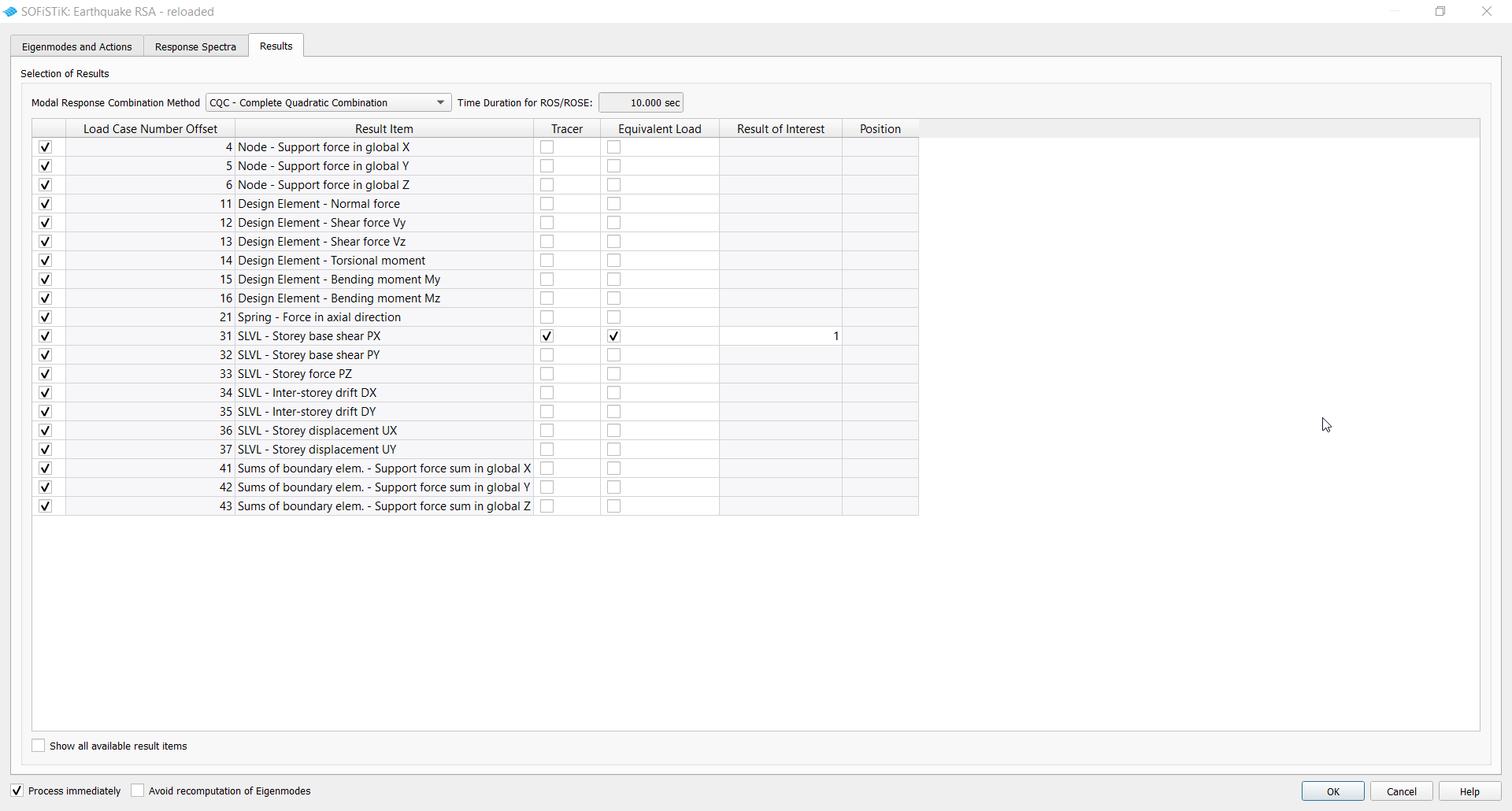 GUI Task Earthquake RSA reloaded - Results Tab